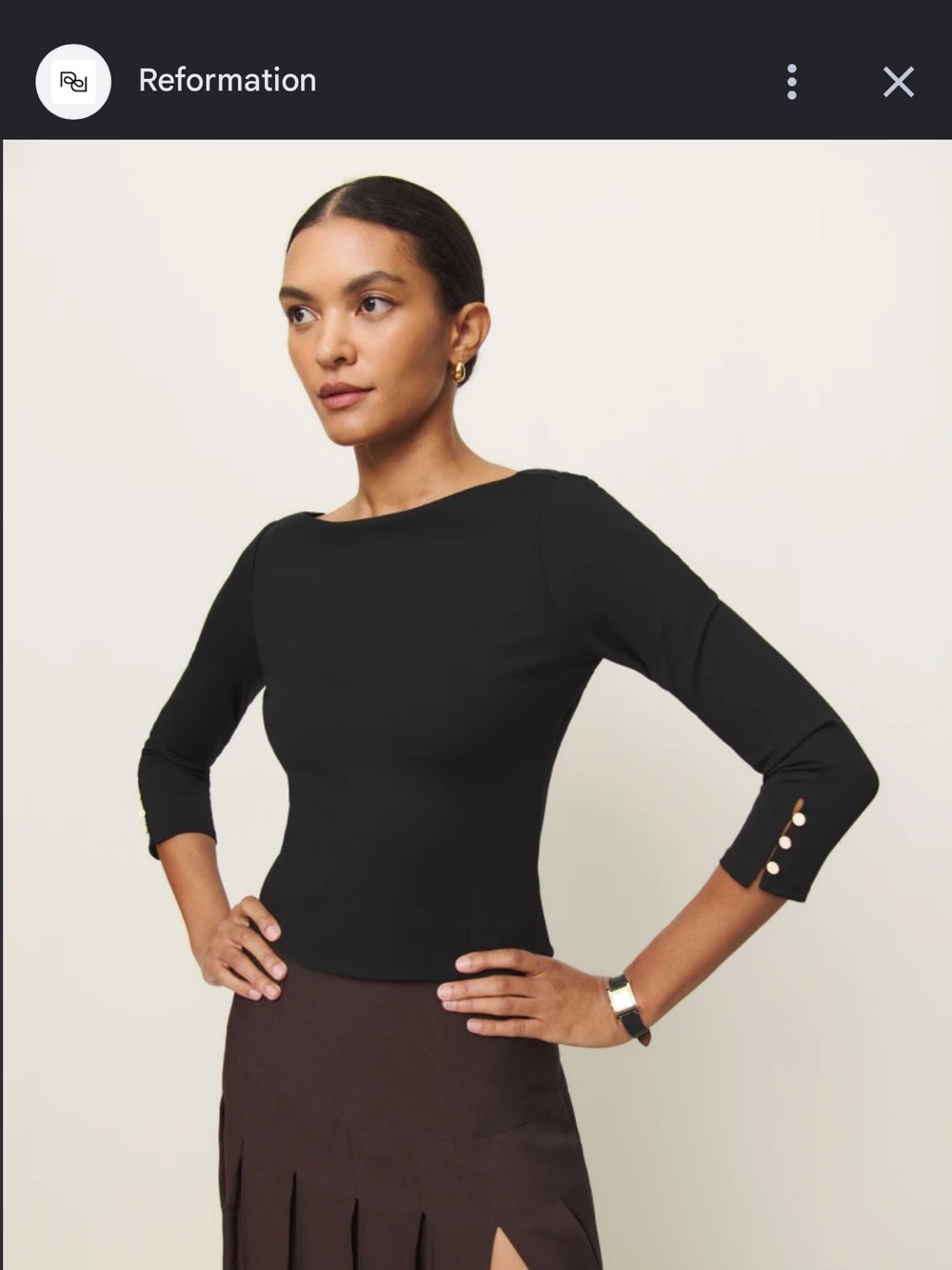 Reformation Black Boatneck Knit Top with Gold Buttons